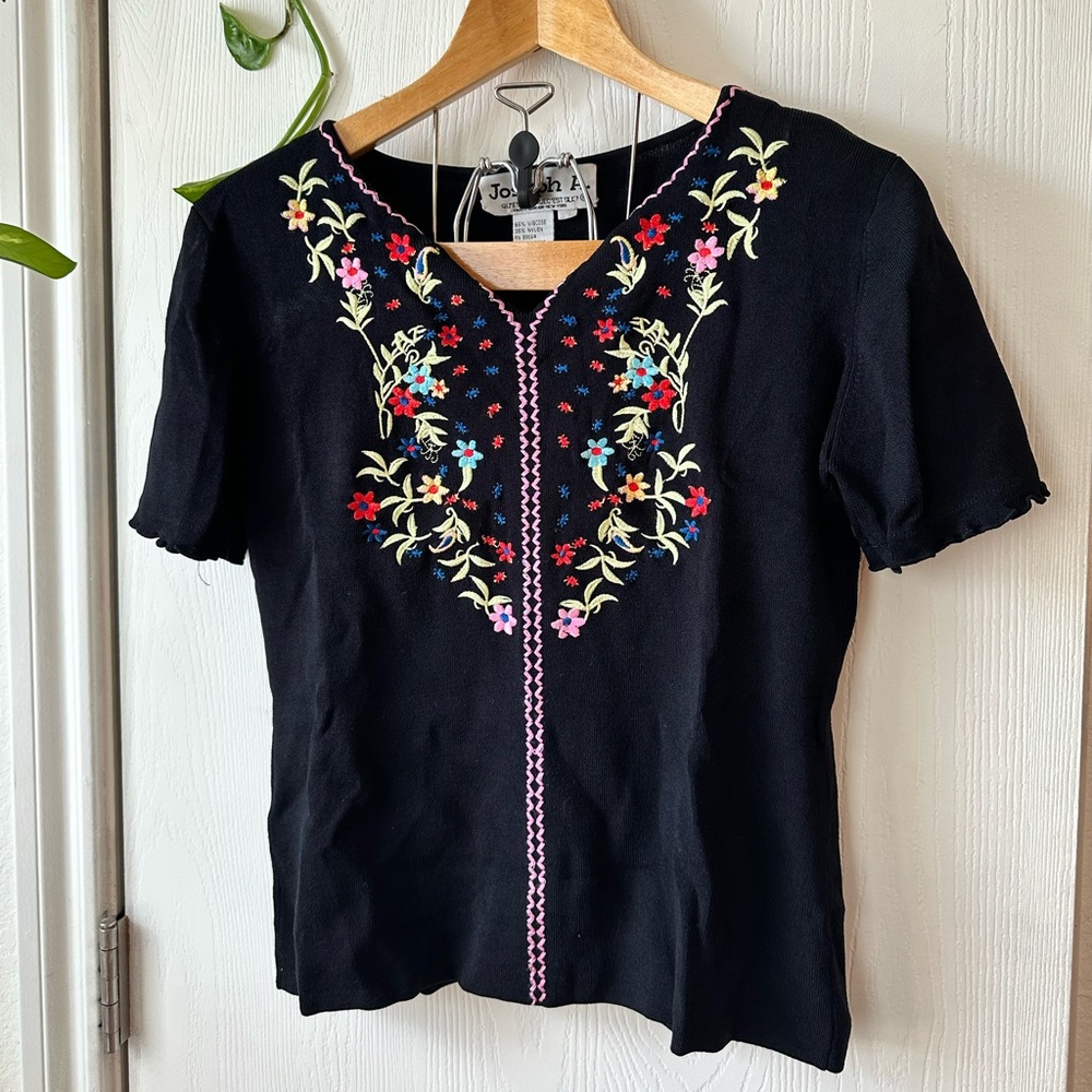 Vintage Joseph A. Black Top with Colorful Floral Embroidery